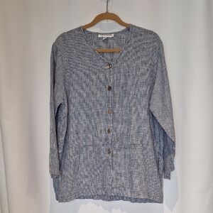 Cotton Wear Blue and White Checkered Button-Up 100% Linen Tunic Size L